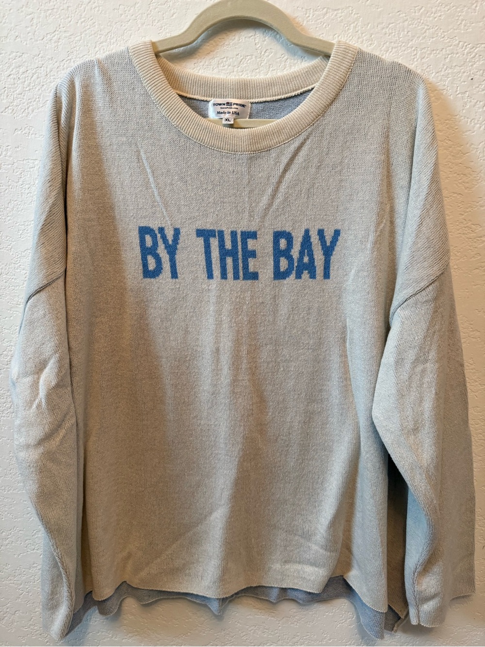 Town Pride - “By The Bay" Light Gray Sweater - Blue Text